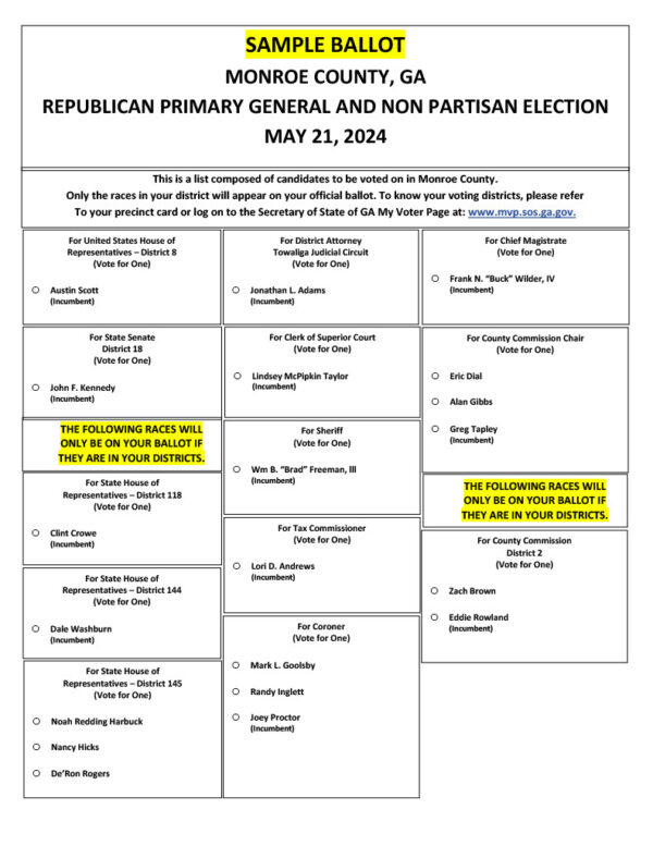 Republican Sample Ballot for the May 21, 2024 Primary Election – Monroe ...